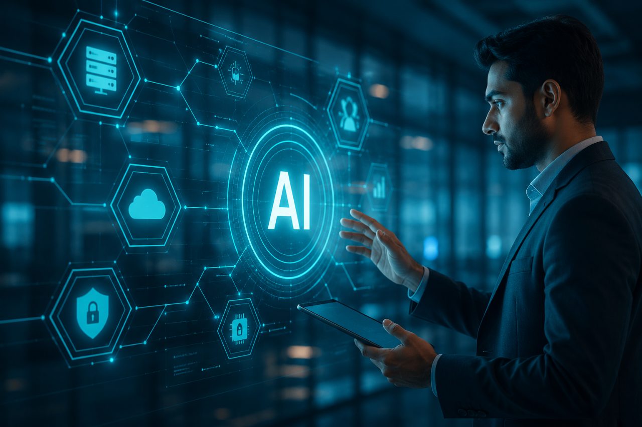 Engineer interacting with a glowing AI interface surrounded by enterprise infrastructure icons