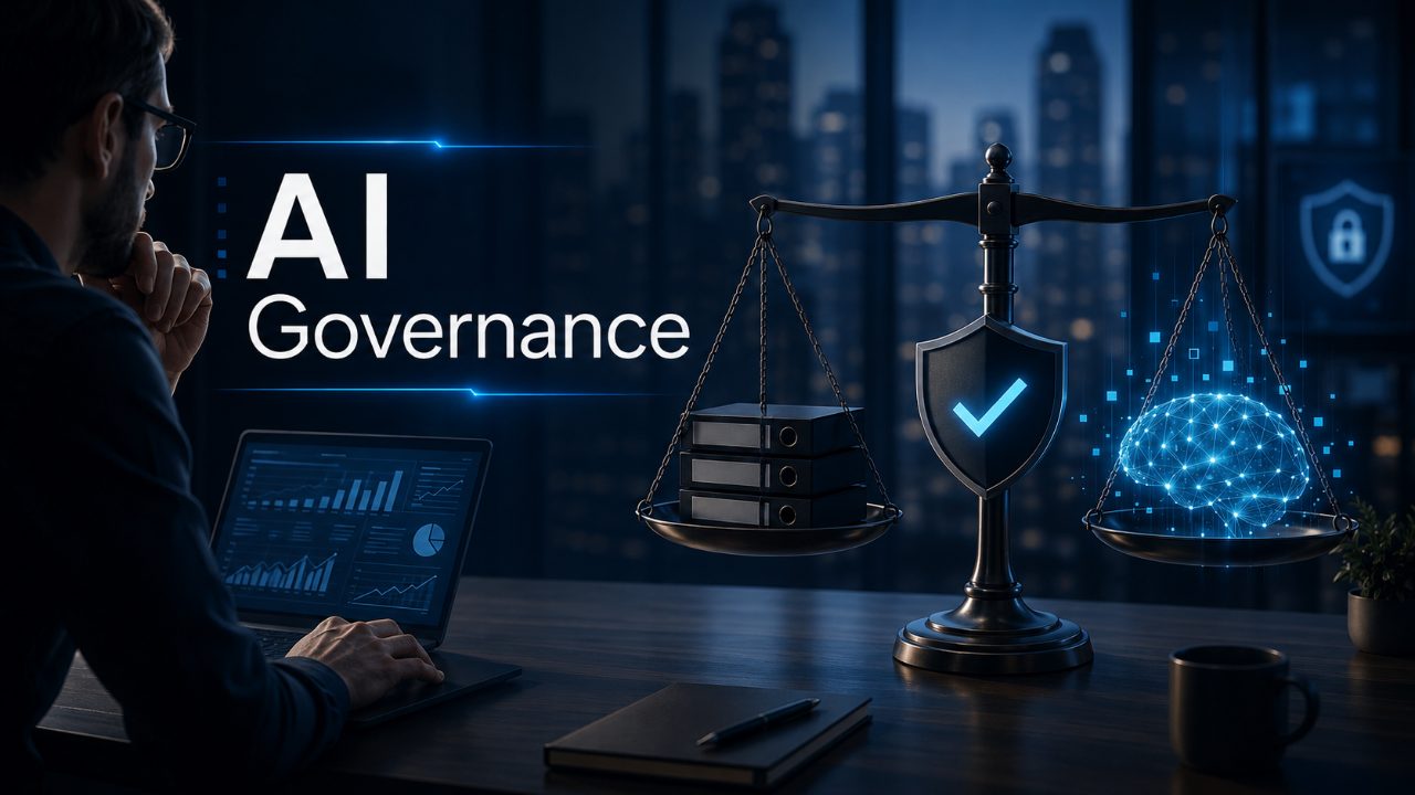 Scales of justice beside the words 'AI Governance' in a dark data-center scene