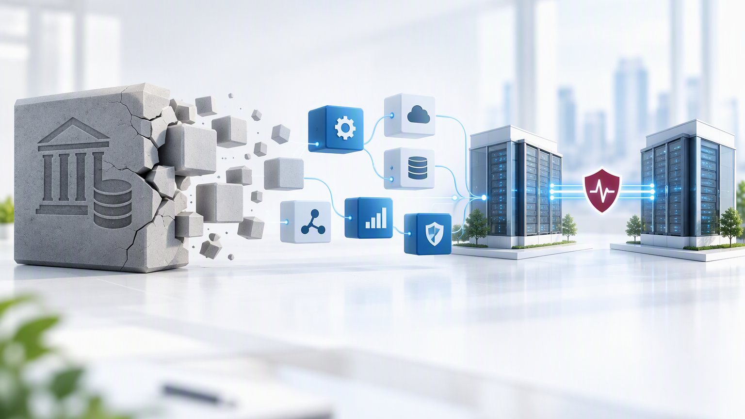 Financial services application modernization: a cracked legacy application block breaking into modular services that connect to two data centers through a resilience shield
