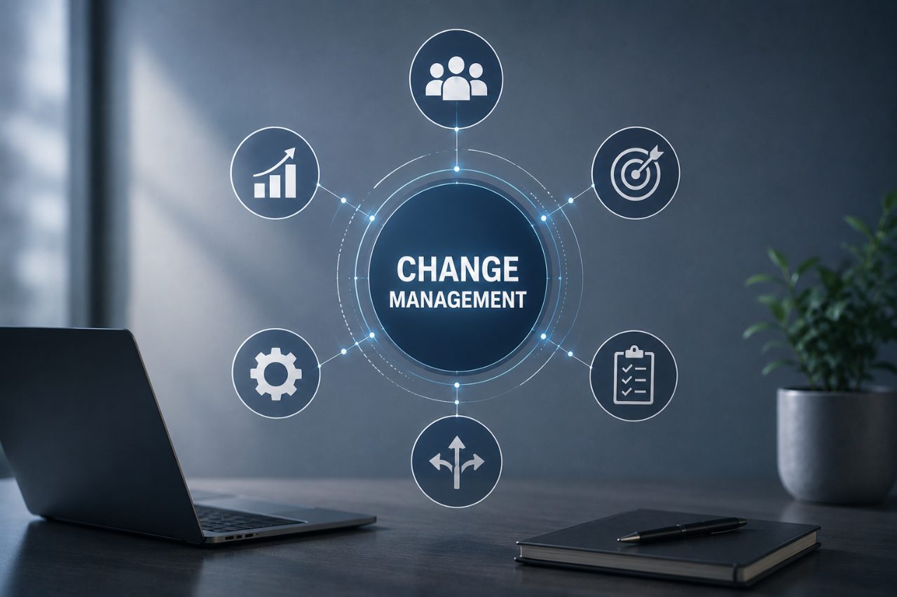 Change management diagram on a desk with icons for people, goals, processes and metrics around a central hub