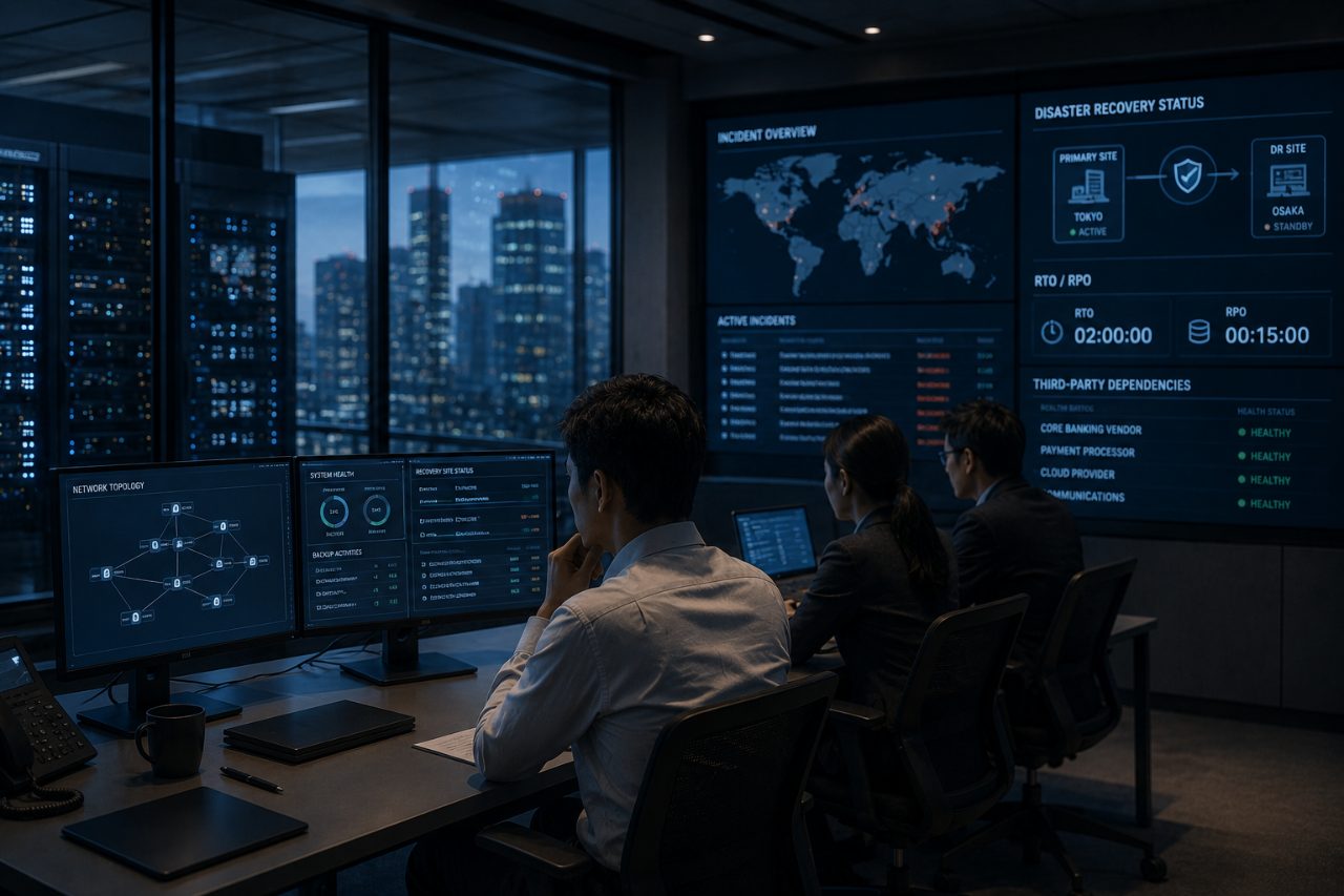 Operations staff monitoring status screens in a dark control room