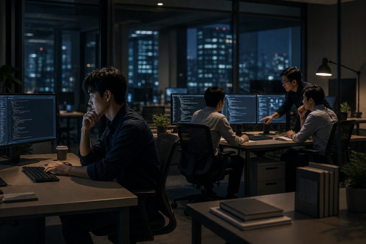 IT operators at desks facing large monitors in a night-time operations center