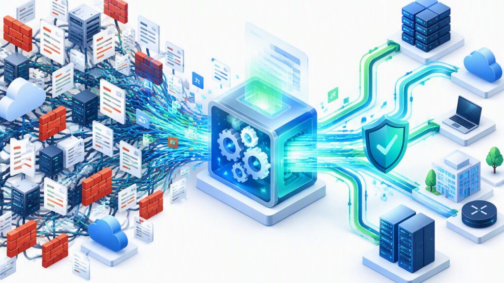 Firewall automation case study: tangled firewall rules and documents pass through an automation engine and a security shield into organized network paths