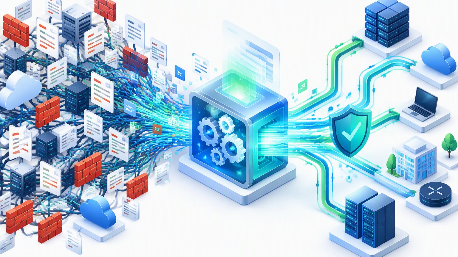 Firewall automation case study: tangled firewall rules and documents pass through an automation engine and a security shield into organized network paths