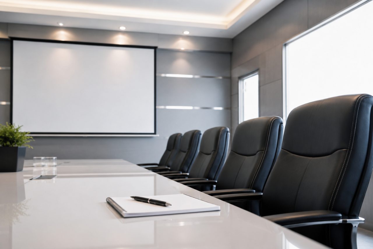 Meeting room with a projector screen and leather chairs, illustrating Haken and MSP contract types