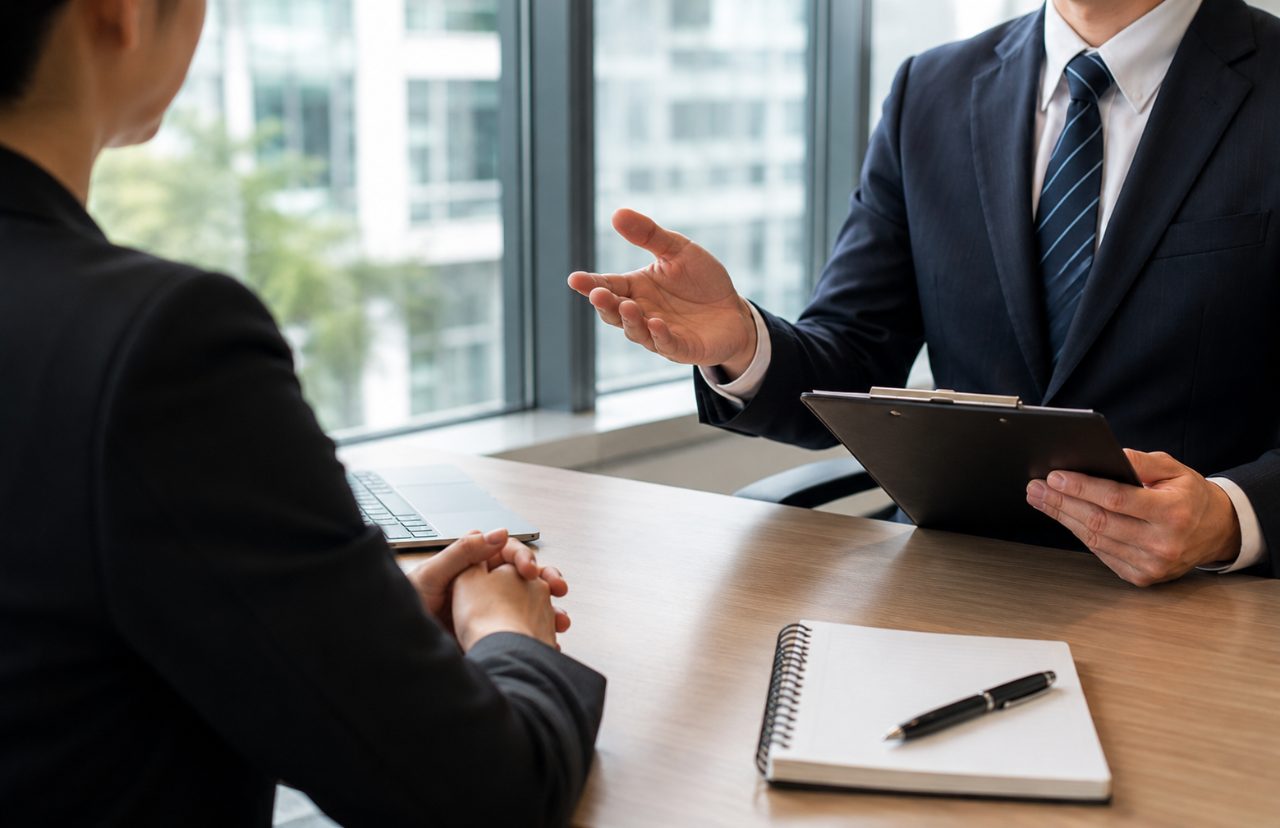 Interviewer and candidate talking across a desk during a job interview