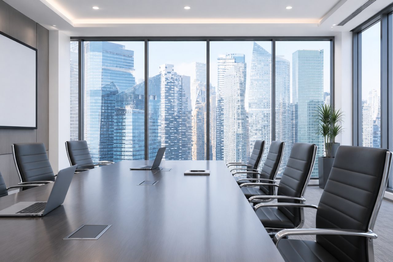 Empty conference room with city views, illustrating IT managed services versus Haken contracting
