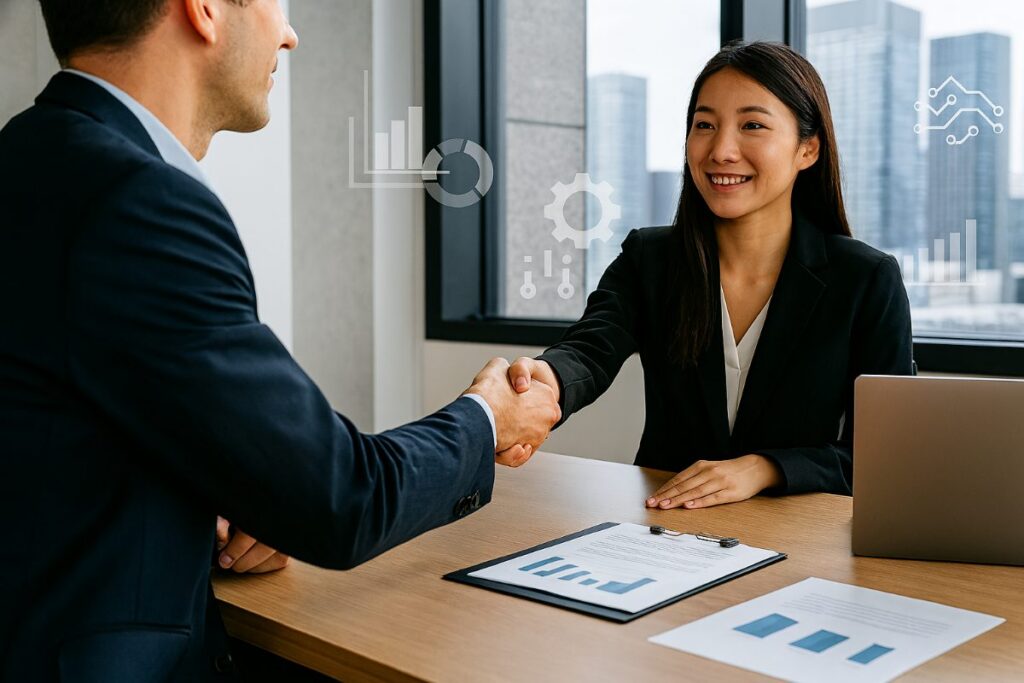 A recruiter and a candidate shaking hands across a desk