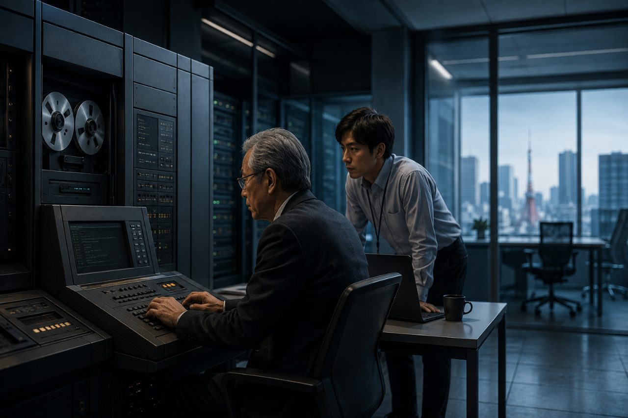 Engineers working at consoles in a dark mainframe data center