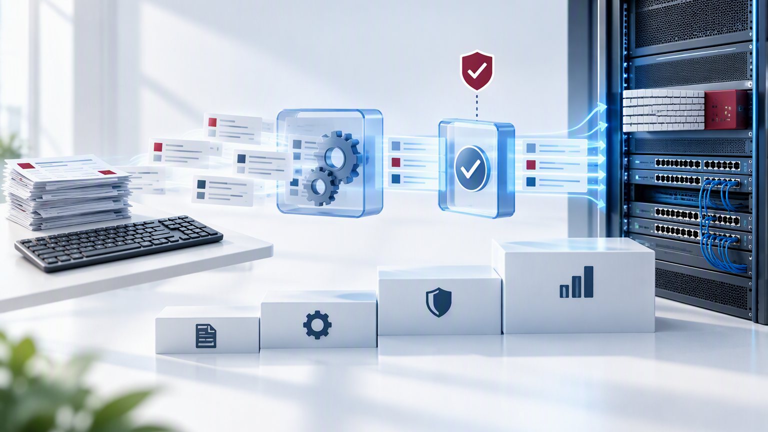Network automation: stacked paper change requests pass through an automated process and an approval check into a network switch rack, above four ascending steps