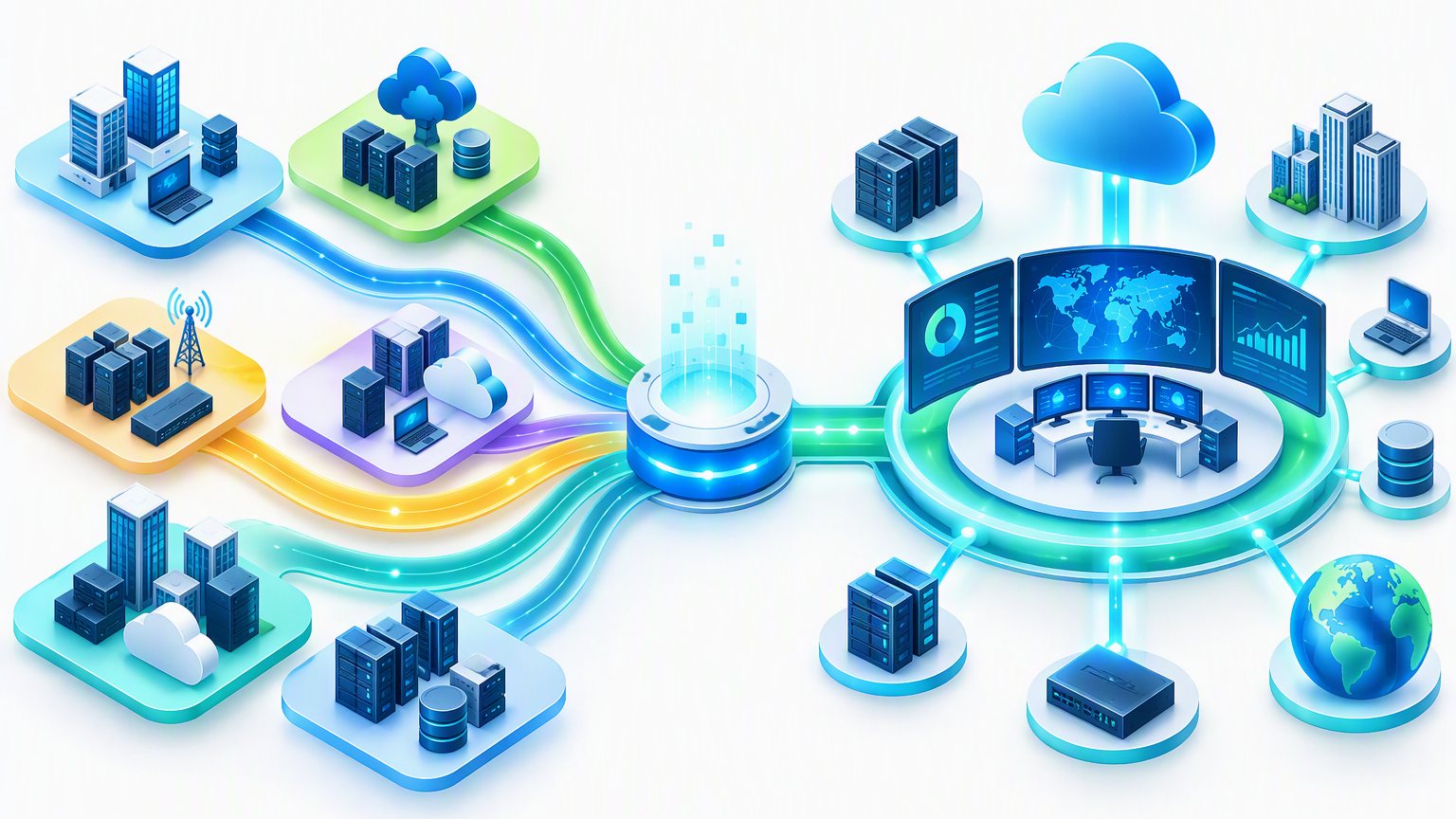 Network managed service consolidation: several separate sites connect through one hub to a single central operations console