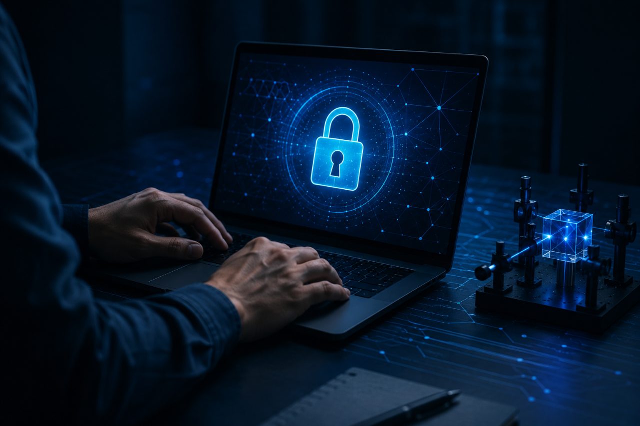 Hands on a laptop showing a glowing padlock, representing post-quantum cryptography