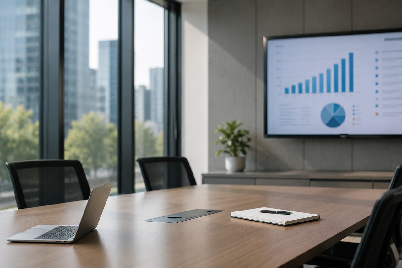 Meeting room with a screen showing a growth chart, illustrating temporary staffing for businesses