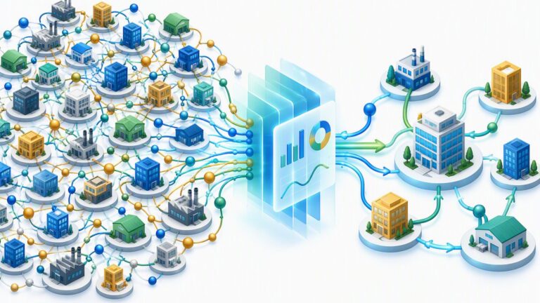 Vendor cost analysis case study: a tangled network of many vendors feeds an analytics dashboard, leaving a smaller, organized set of vendors