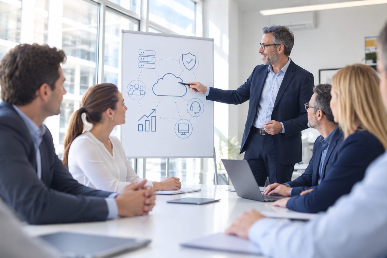 Colleagues in a meeting while a team member presents at a whiteboard