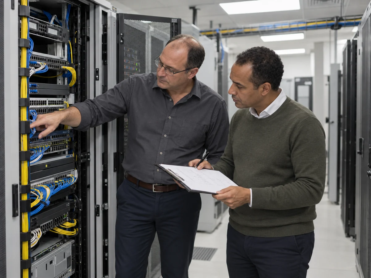 Illustrative network engineers reviewing connections at an infrastructure rack