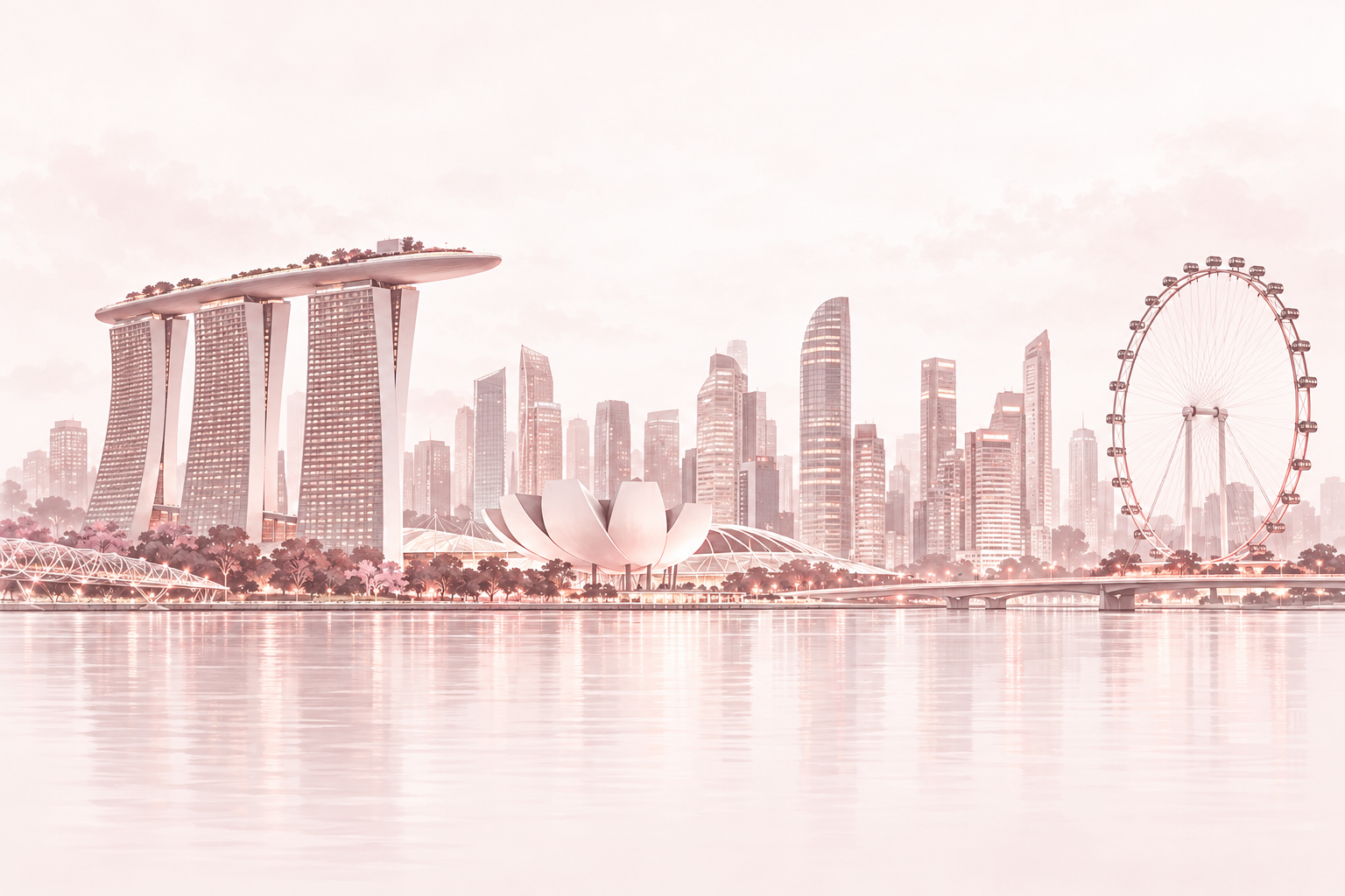 Illustration of Singapore’s Marina Bay skyline, Marina Bay Sands and Singapore Flyer.