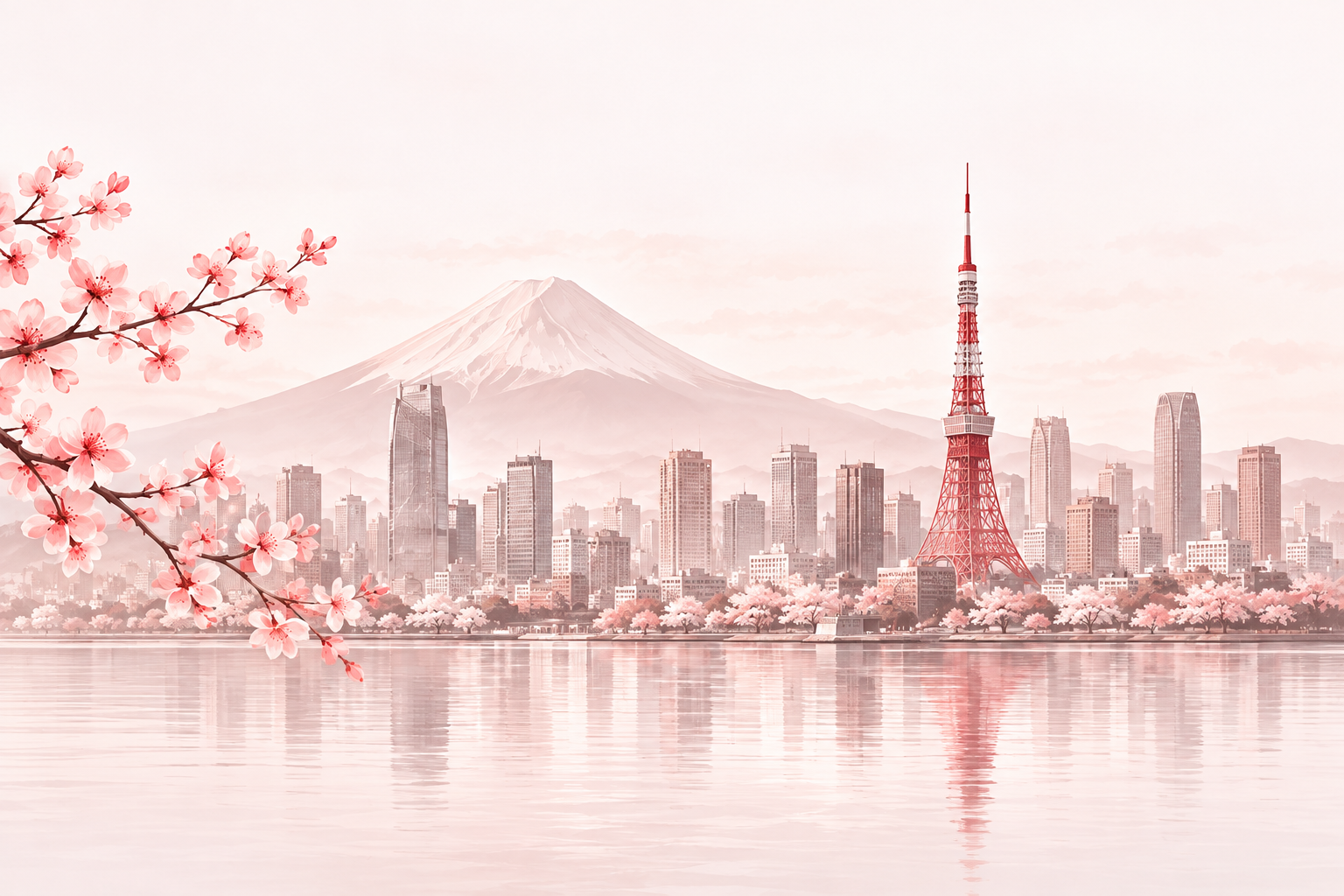 Illustration of Tokyo Tower, the Tokyo skyline, Mount Fuji and cherry blossoms.