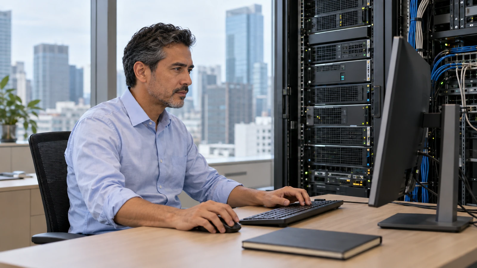 Illustrative scene of an infrastructure engineer working at a workstation beside enterprise computing equipment.