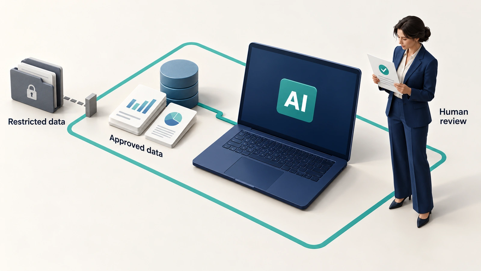 Editorial illustration of approved business data feeding an AI tool within an access boundary, with restricted data excluded and a person reviewing the output.