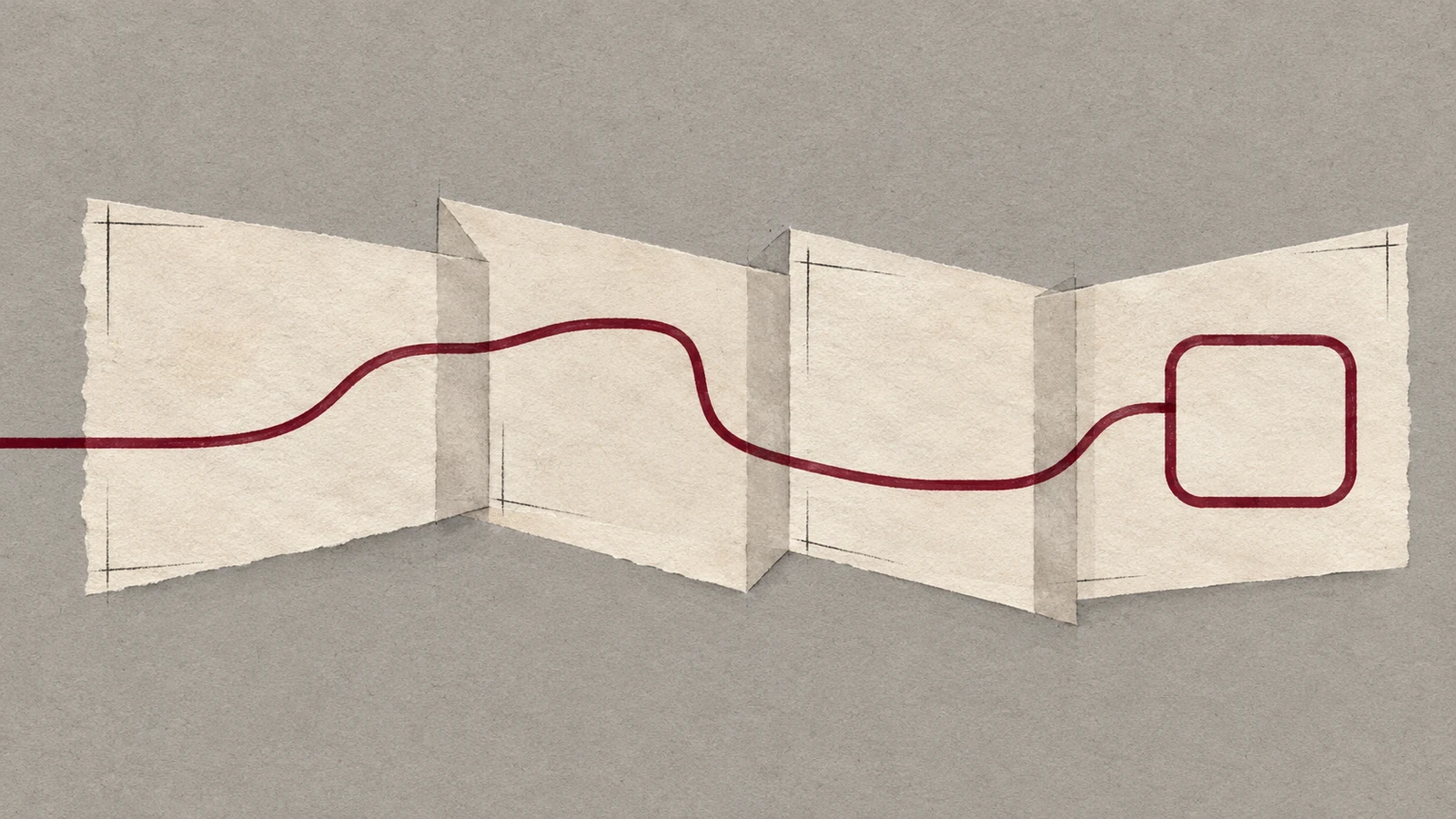 A continuous red line connects folded paper panels, illustrating a connected digital contract lifecycle.