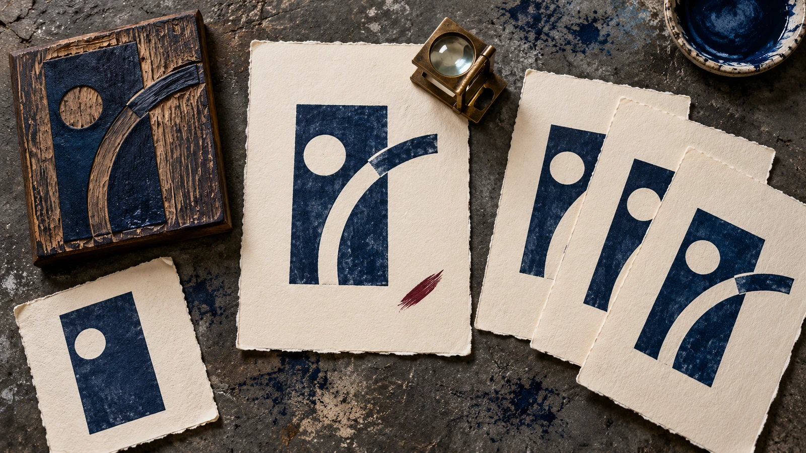 A carved printing block beside matching repeated prints, illustrating repeatable network configuration.