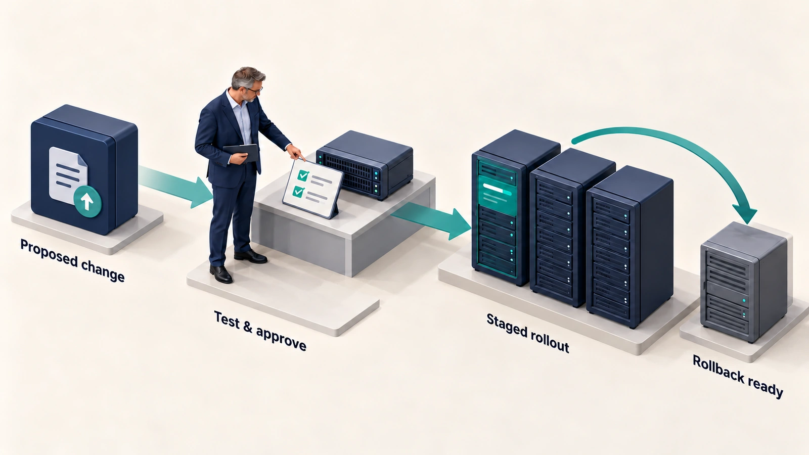 Editorial illustration of a proposed IT change evaluated by a system owner, validated before staged deployment, with a previous environment available for rollback.