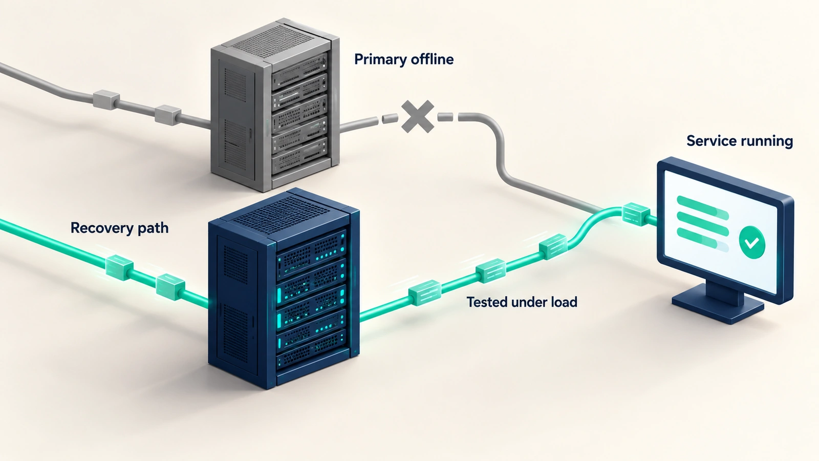 Editorial illustration of a tested recovery path carrying transactions around offline primary infrastructure so the service keeps running.
