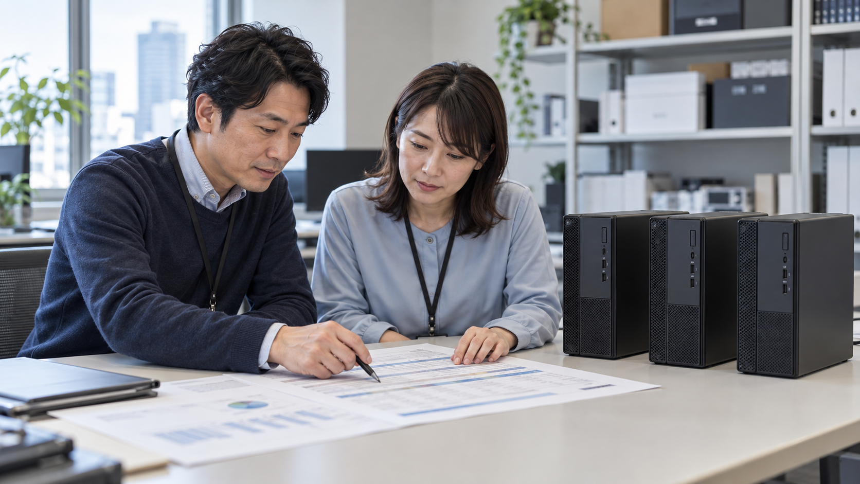 Two IT professionals reviewing a desktop refresh schedule beside three business PCs