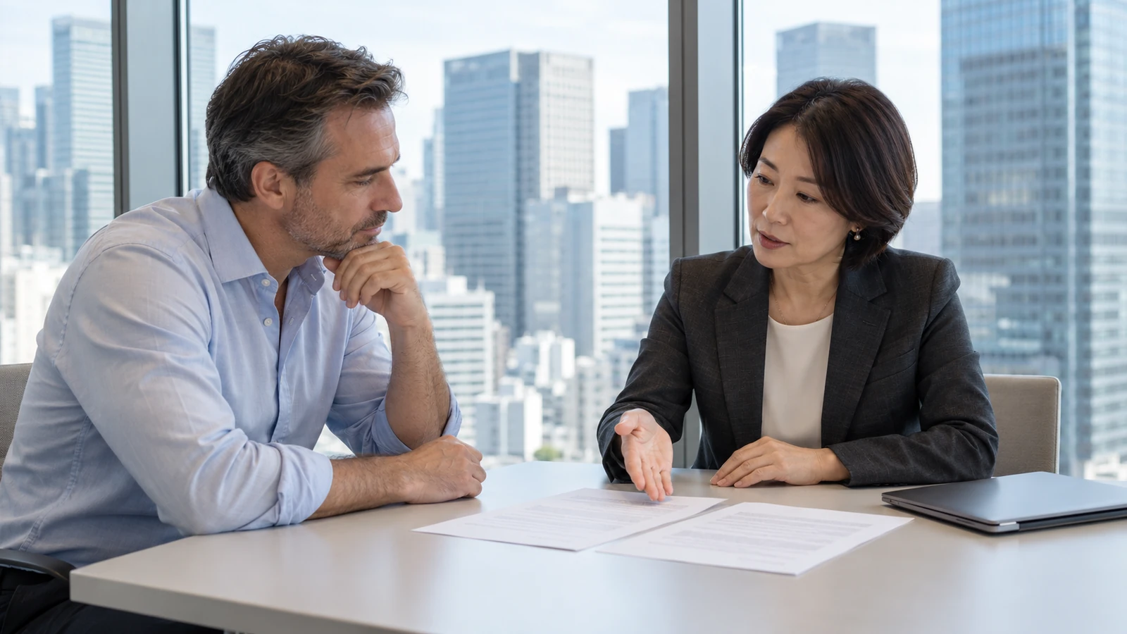 Illustrative scene of two experienced professionals discussing contract documents at a tidy office table.
