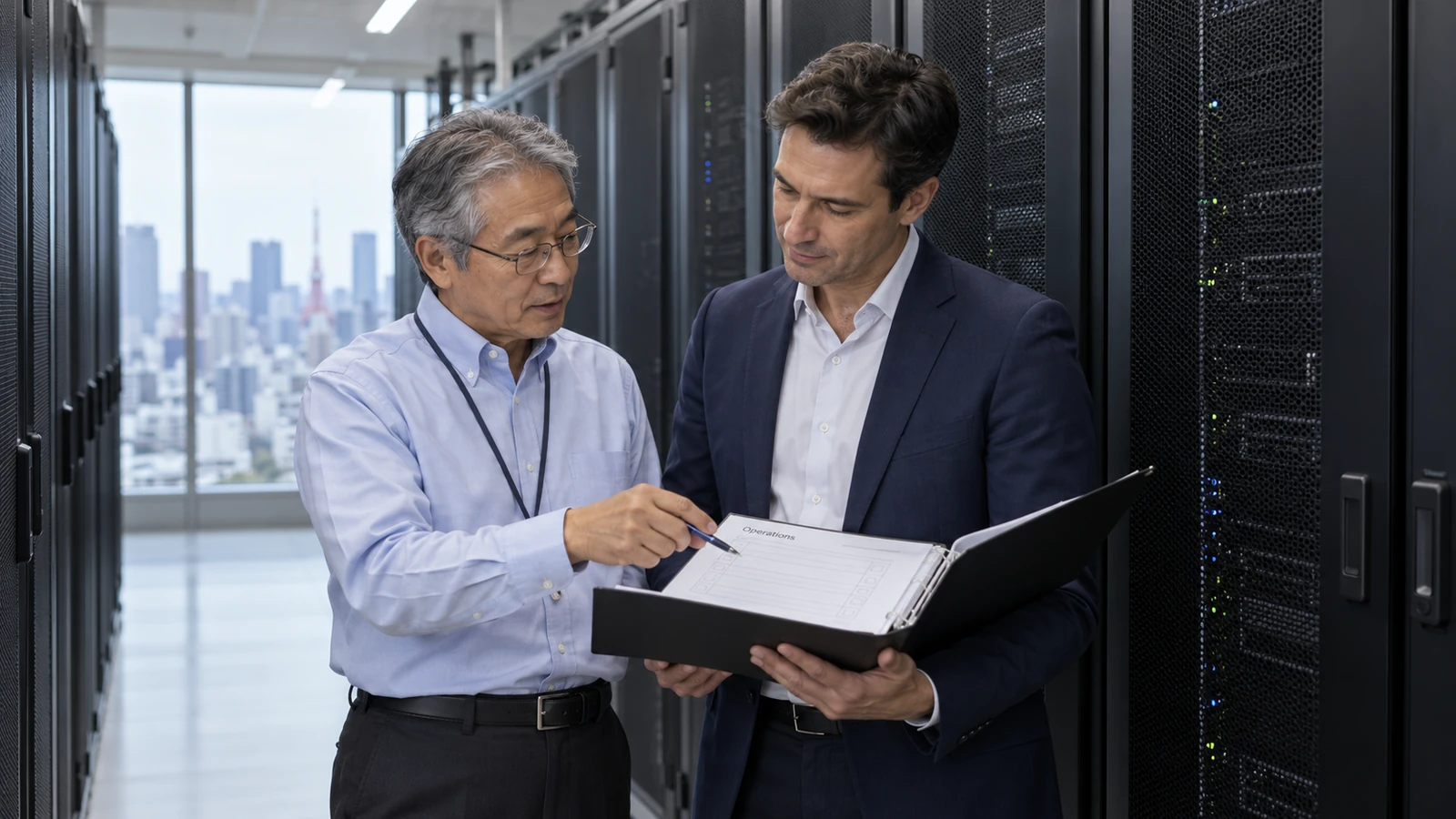 Illustrative scene of two experienced engineers reviewing documentation beside enterprise server racks.