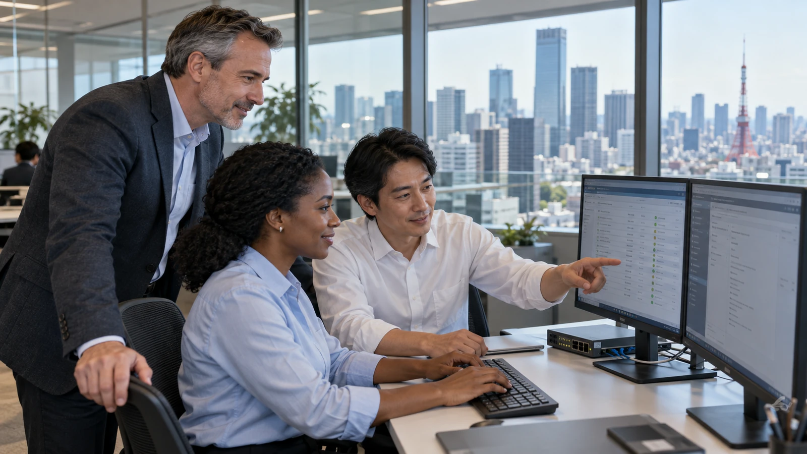 Illustrative scene of managed-services engineers collaborating at a workstation in a high-rise office.