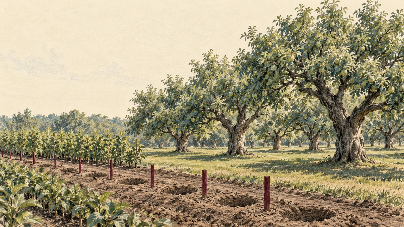 An orchard of mature trees beside young saplings and an unplanted gap, illustrating a break in the talent pipeline.